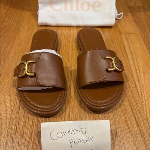 Chloe Brown size 35 (size 5) new in box Leather Flats with Gold Buckle